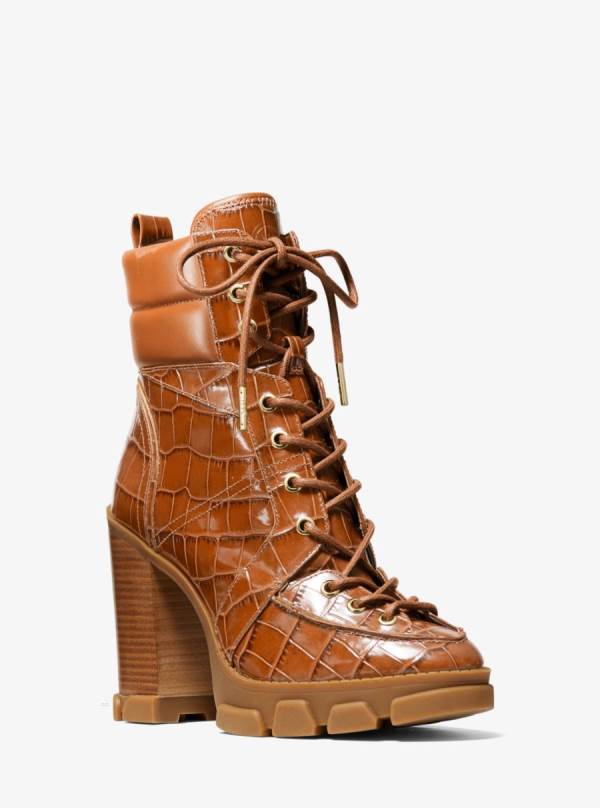 Damske Snurovacie Topanky Michael Kors Ridley Crocodile Embossed Leather Hnede - Topanky Michael Kors Sleva | GXPEH-5498